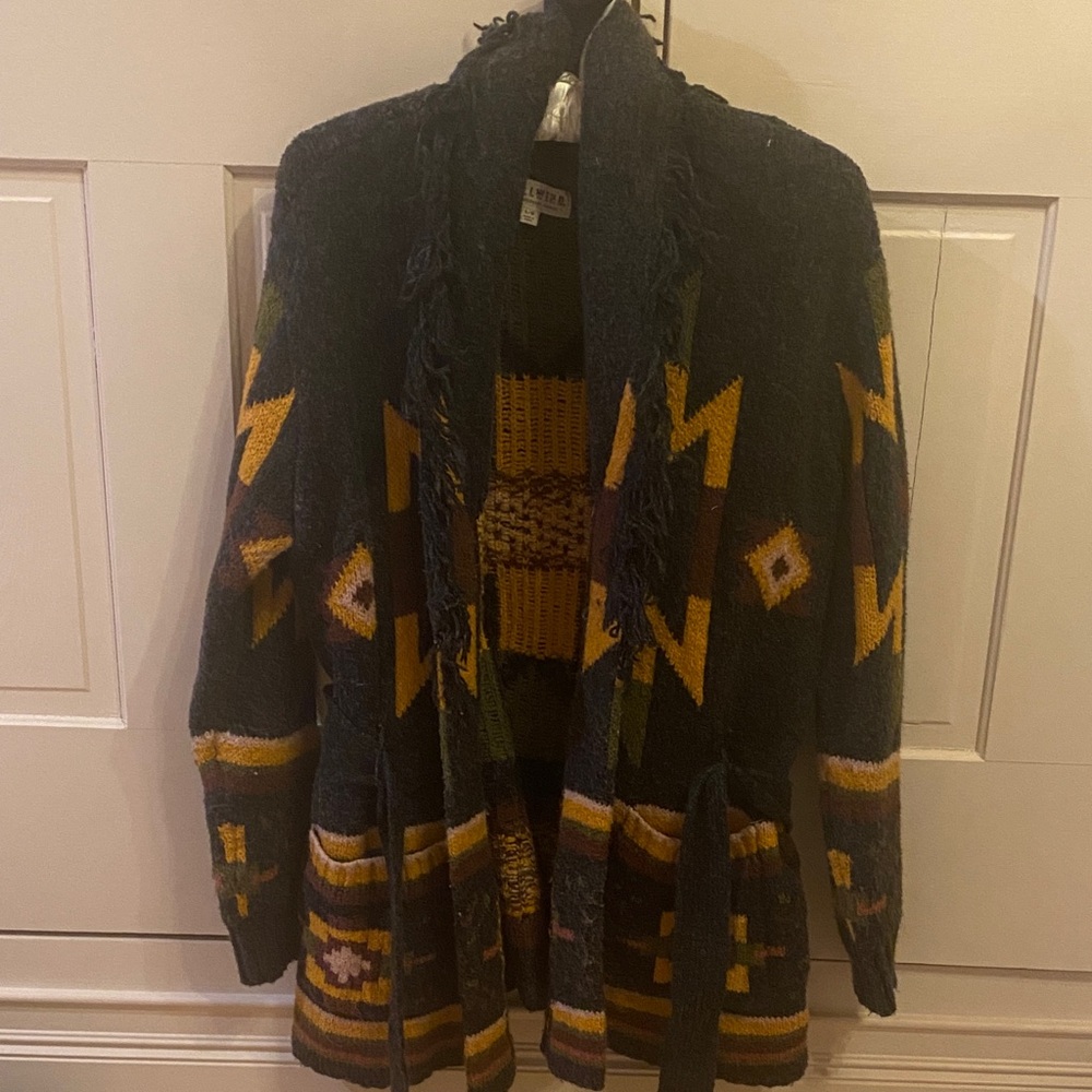 Idyllwind Black and Yellow Geometric Fringe Collar Cardigan
